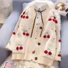 Woman Sweater Cardigan Jacket Winter Warm Knitwear Fruit Cherry Embroidery Knitted Autumn V Neck Oversize 210914