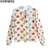 Vintage Women Polka Dot Blouse Puff Sleeve Casual Shirt Snygg Tunic Top Fashion Stand Collar Bow Tie Blusa Aestetic 210520