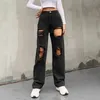 Heyoungirl buraco rasgado mulher negra afligida jeans casual hip hop calças de cintura alta Capris bolso reto denim calças senhoras H0908