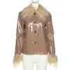 レディースレザーのファックスレザーアウターコートシープスキンフロックウールストリートウェアパンクスタイルウインドブレーカーコート女性の毛皮のジャケットファッショントップベルベット暖かい子羊の襟