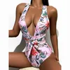 Kvinnors badkläder Kvinnor Swimsuit Womens Bikini Flower Print Hög midja ärmlös V Neck Halter One Piece Bathing Suit Casual Maillot de Vest Swimsuit