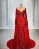 Vintage Red Evening Dresses Sheer Mesh Long Sleeve cape Beaded Embroidery Vintage Lace Mermaid African Women Prom Formal Gowns