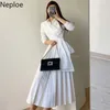 Neploe Woman Dress Spring French Temperament Turn-down Collar Vestidos Long Sleeve Cross Bandage Pleated Slim Fit Thin Dresses 210422