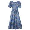 Sommar Casual Chic Women Floral Dress Lantern Sleeve Square Collar Sashes Ladies Maxi Plus Storlek Kvinna Robe Vestidos 210521