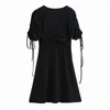 Women Elegant Solid A Line Dress V Neck Bow Tie Casual Puff Sleeve Holiday Beach Mini Cotton Summer Vestido 210515