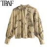 Traf Women Fashion Floral Print Loose Blue Vintage Long Sleeve Back Button Female Shirts Blusas Chic Tops 210415