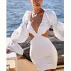 Kobiety Dress V-Neck Latarnia Rękaw Hollow Out Sexy ES Long Plus Size Girls Lato Moda 210513