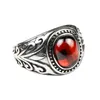 Real 925 Sterling Silver Jewelry Vintage Rings For Men Engraved Flowers With Red Garnet Natural Stone Fine Jewellery 211217