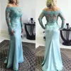 Elegant Off Shoulder Kant Geappliceerd Mother's Jurk Sheer Lange Mouwen Schede Mermaid Moeder van de Bruidsjurken Custom Made