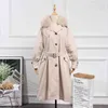 Inverno Pelliccia di Volpe Naturale Addensare Lungo Trench Piumino Donna 90% Piumino Piuma Anatra Bianca con Cintura 210430