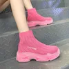 Primavera New Style Mulheres Malha Ankle Boots Med-Heeled Senhoras Plataforma de Salto Grosso Feminino Feminino Sock Sock Shoes Preto Botas Y0914