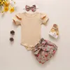 born Cotton Print Outfits Summer Toddler Infant Girl Set Bodysuit+ Striped Shorts+Headband 3pcs Cute Baby Clothes 210515