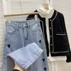 Liefde hart borduurwerk vrouwen jeans broek Koreaanse hoge taille lange broek lente demin wide been 6E541 210603