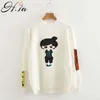 H.SA Mulheres dos desenhos animados manga comprida korean malha pullover patches bege inverno camisola pull femme christmas jumpers 210417