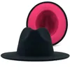 Simple Navy with red Bottom Patchwork Panama Wool Felt Jazz Fedora Hats Women Men Wide Brim Party Cowboy Trilby Gambler Hat