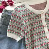 Woherb Sweaters Mode Femmes Floral Cropped Pull Thin Tops Lâche Vintage Tricot Cardigans Vêtements Coréens Mignon Cardigan Perle 210917