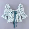 Женщины элегантный цветочный принт сладкая короткая блузка летняя бабочка рукава мода милый лук эластичный бюст урожай вершины 210521