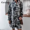 Foridol Leopard Drukuj Casual z długim rękawem Sprężyna krótka sukienka Kobiety V Neck Button Up Gray Sash Elegancka Sukienka Vestidos 210415