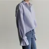 Puff Sleeve Long Turn Down Collar Blue Striped Shirt Women Pleat B0149 210514