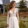 Kant Boho Wit Trouwjurk 2021 V-hals Lange Mouwen Zomer Bohemian Bruid Jurken Flowy Chiffon Beach Bridal Toga Moderne Tuin Roken de Mariage