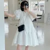 Korejpaa Women Dress Summer Korean All-Match Round Neck Stand Collar Texture Design Loose Ruffled Doll Puff Sleeve Vestido 210526