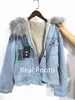 Bella Winter Women Denim Futro Kapturem Płaszcz Streetwear Lady Casual Kurtki Parka Kobieta Single Breasted Znosić 211014