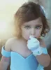 2021 New Baby Blue Flower Girls Vestidos Off Hombro Big Bow Hi-Lo Satin Simple Princess Girls Pageant Vestido para niños Dradler Dress Possed