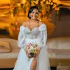 Puffy Long Sleeve Wedding Dress Beads Lace Applique Bridal Gowns Off the Shoulder Robe Side Split See Through Photoshoot Robes De Mariée