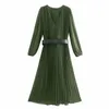 Za cintado impressão midi vestido verde mulheres vintage longa manga folhada plissado senhora senhora vestidos mulher elegante elegante longo vestido 210602