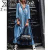 Женские платья оборками V-образным вырезом Винтажные джинсовые платья плюс размер свободный повседневный длинный сюмер синяя одежда 210524