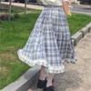 Kawaii Ruffles Sevimli MIDI Tiki Etekler Japon Lolita Stil Yüksek Bel Vintage Ekose Dantel Vahşi Düğmeler Etek Yaz Kadın SAIA 210421