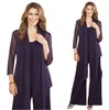 2021 Elegant Purple Plus Size Mother Of The Bride Pants Suits With Jacket Womens Chiffon Long Sleeve Mother Formal Dress For Weddi239A