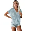 Bluzka Kobiety Lato Solidne Szyfonowe Bluzki Ladies V-Neck Koszulki z krótkim rękawem Luźne Dorywczo Plus Size Topy Biuro Bluzka FEMME 210608