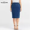 LiH Hua Kvinnors Plus Storlek Casual Denim Skirt High Flexibility Fashion Stickad 210629