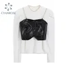 Spring Women's T Shirt With PU Leather Chain Strap Vest Outfits Lady Long Sleeve Clubwear Party Sexy Casual Tees Tops Sets 210515