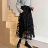 Se Thrugh Black Mesh Florl Print Broderi Kjolar Kvinnor Tulle Tyg Retro Hög Midja Fluffy Kläder Kvinna Casual Loose Jupe 210417