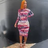 Cnyishe Baskı Kravat Boyası Kadın Midi Elbise Uzun Kollu Renkli Seksi Bodycon Elbiseler Kadın Vestidos Parti Streetwear Kıyafetler 210419