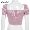 Roze satijn zomer blouse shirt vrouwen lace up front boho beach crop tops korte mouw casual backless top 210427