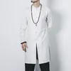 IEFB Chinese Style Big Size Cotton Linen Long Shirt Men's Casual Coil Button Stand Collar Side Split Robe For Male Spring 210524