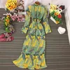 Autumn Dress Temperament Turtleneck Waist Slim Long Sleeves Lace Up Wild Floral Maxi Vestidos UK016 210630