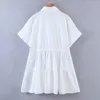 Women Summer White Mini Shirts Dress Short Sleeve Drawstring Bow Tie Female Fashion Sweet Dresses Vestidos 210513