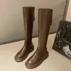 2021 Casual Women Beige Brown Low Heels Knä Lår Hög Stövlar Mjuka Läderplattform Cowboy Boots Vinter Designer Punk Long Boots Y1125