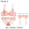 Briefs Panties Thin Cotton Bras Push Up Women Lingerie Pink Sexy Bra Set 3 Piece Bra+Panties+Garter Lace Underwear Set Brassiere Embroidery L2304