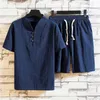 (Shirt + korte) aankomst zomer stijl mannen boutique katoen en linnen shirt hoge kwaliteit solide mannen casual korte maat M-5XL 210806
