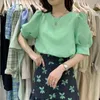 Korean Fashion Puff Sleeve Solid Blouse Women Shirts Summer Simple O-neck Blusas Mujer Short Sleeve Woman Top 210514