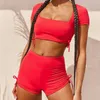 Yaz Yoga Setleri Kadınlar 2 Parça Set Kadın Egzersiz Giysileri Spor Giysi Spor Takım Elbise Şort Set Kırpma Üst Setleri X0629