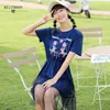 ヴィンテージエレガントな女性のドレス夏のプレッピースタイル日本の女性スウィートピンクの印刷メッシュパッチワークMidi ES 210520