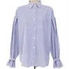 Spring And Summer Petal Sleeve Shirts Loose Medium and Long BF Blue White Striped Bottoming Blouse Women 210615