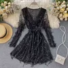 Summer Women Party Long Sleeve Belted Black Gold Sequin Sexy Tulle Dress 210415