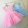 Летние дети девушка партия платья точка сетка принцесса для свадьбы фортепиано выполнить день рождения цветок девушки одежда E2139 210610